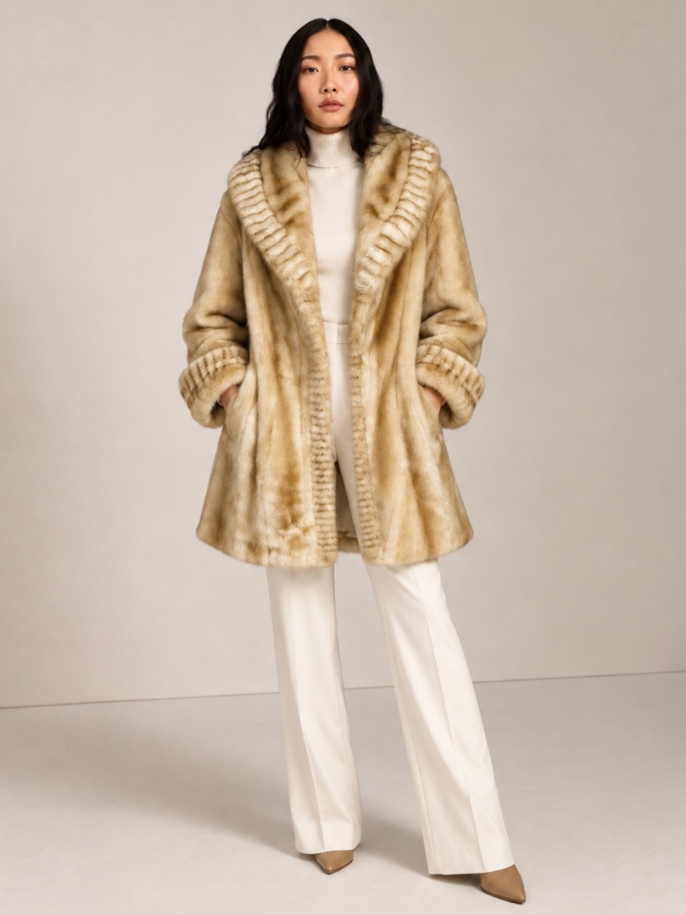 Dennis Basso Golden Tan Shimmering Faux Mink Fur Coat Shawl Collar L